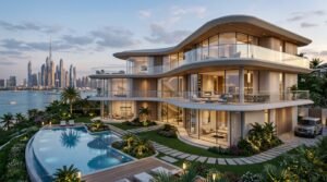 Exclusive luxury Dubai villa featuring curved glass railing systems, innovative contemporary architecture, sweeping balcony design, transparent structural glass panels, premium craftsmanship, landscaped garden views, luxury residential aesthetics, ultra-realistic architectural rendering, photorealistic details, elegant modern design, HDR lighting, high-end property showcase, 8K resolution, landscape 16:9.